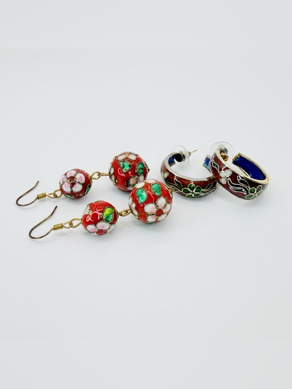 Set Of 2 Cloisonné Double Bead Dangle And Hoop Earrings Red Green Floral Bold